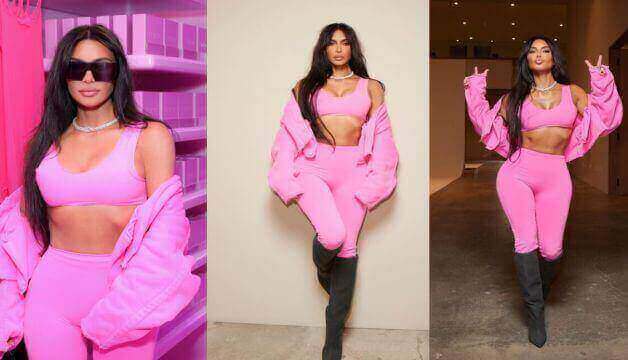 Kim Kardashian Flaunts Curves As She Poses in A Daring Pink Ensemble